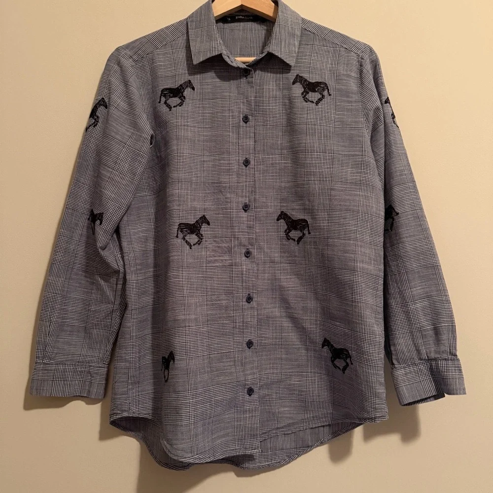 Zara Plaid Zebra Embroidered Button down Shirt